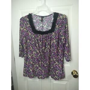 Olivia Paige Purple Floral Square Black Rose Fringe Neck 3/4 Sleeve. Size 2X